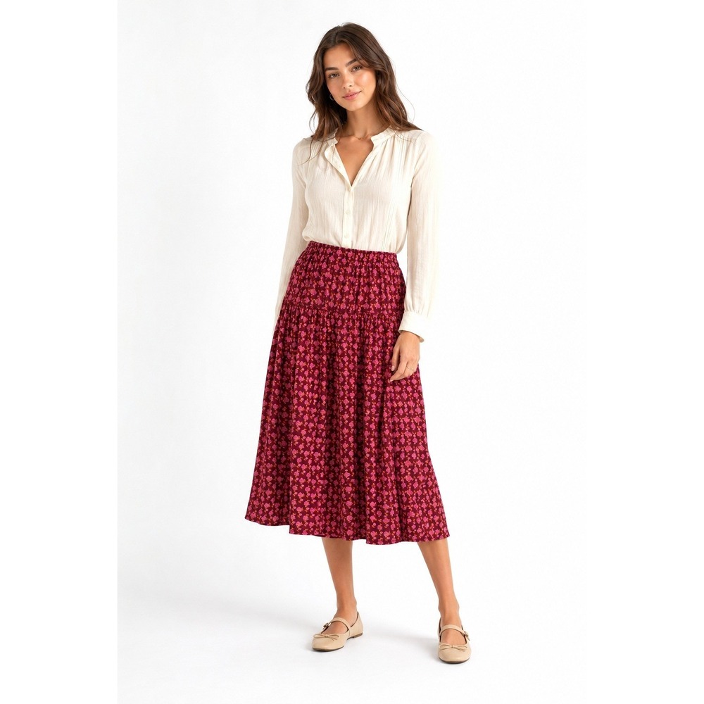 Market & Spruce Tabitha Midi Skirt Pink Floral Tiered Rayon Blend Large NWT